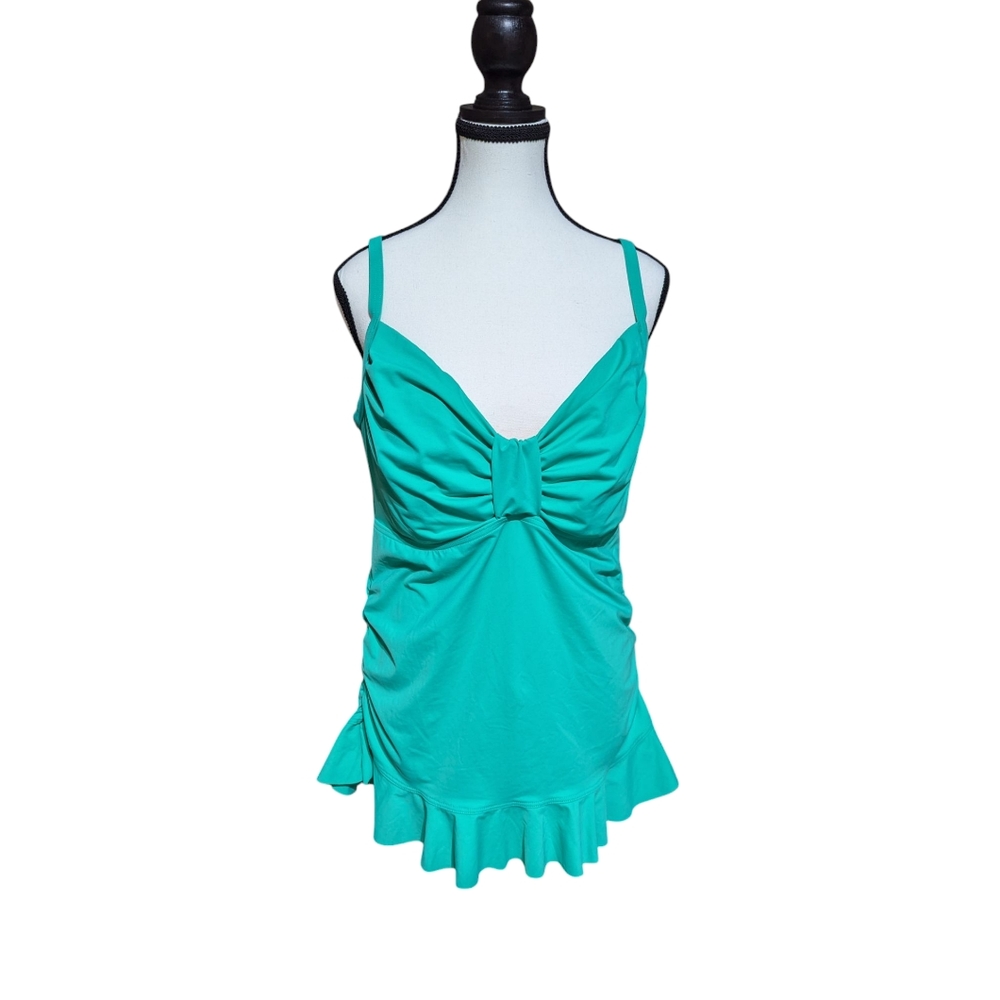 Lands’ End Tankini Teal Green Women’s Swimsuit Top Ruffled Modest Size 14 NWOT